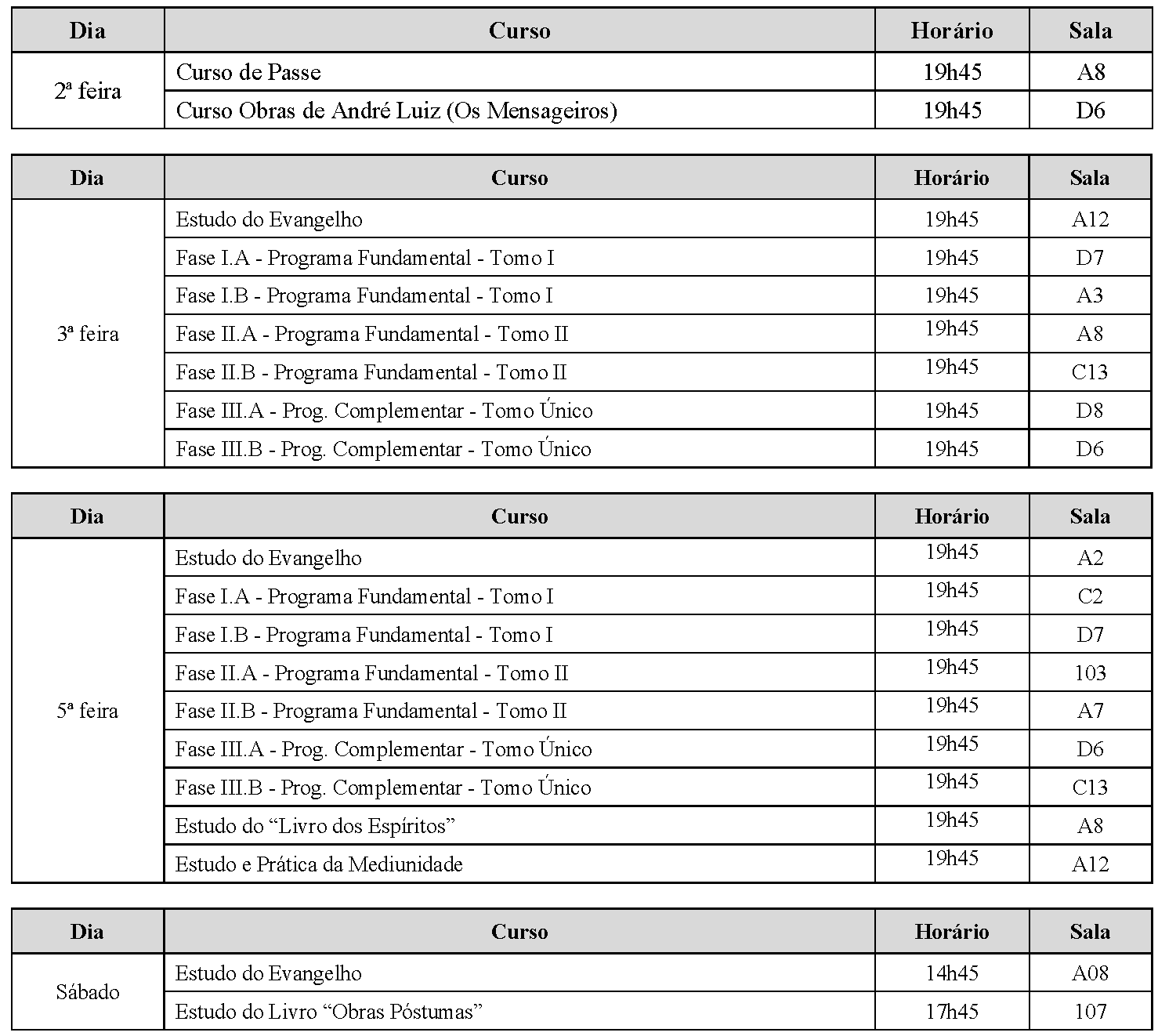 Calendário 1º semestre de 2025